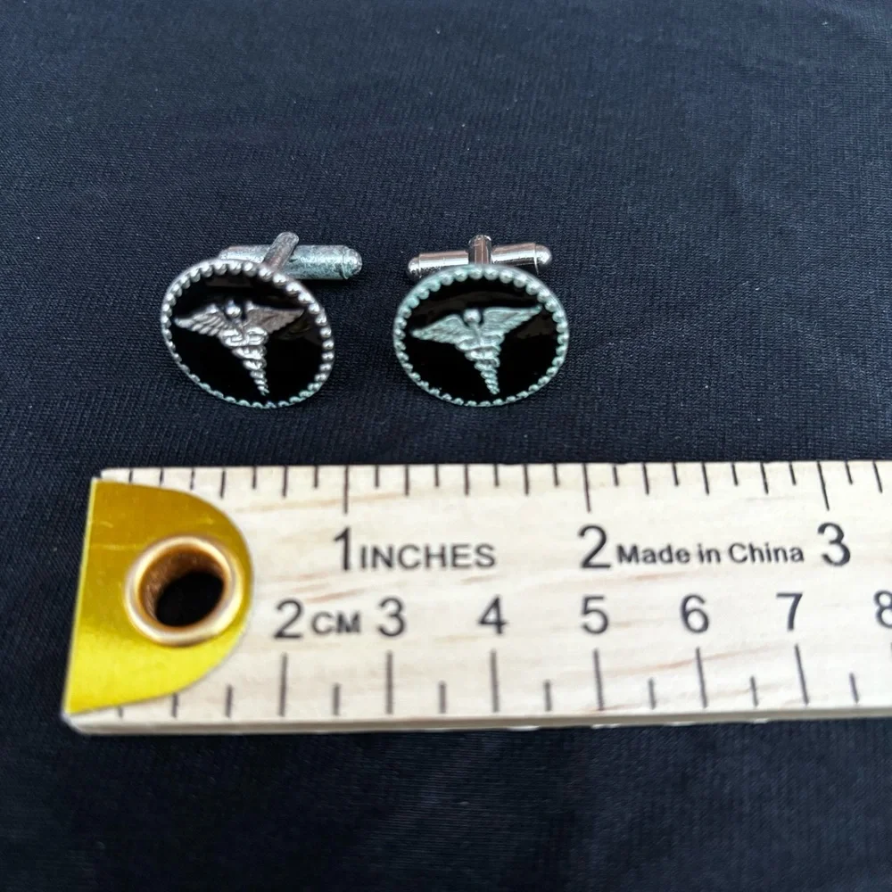 Caduceus Cufflinks Creed Sterling Silver Black background Pair